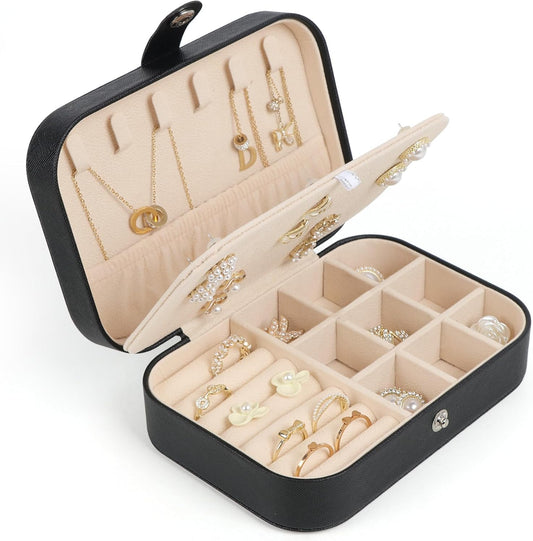 Travel Jewelry Box, Small Jewelry Organizer Boxes for Women Girls, 2 Layer Travel Jewlery Case, PU Leather Mini Portable Jewerly Storage Display Holder for Earrings, Ring, Necklaces, Bracelets Black 1